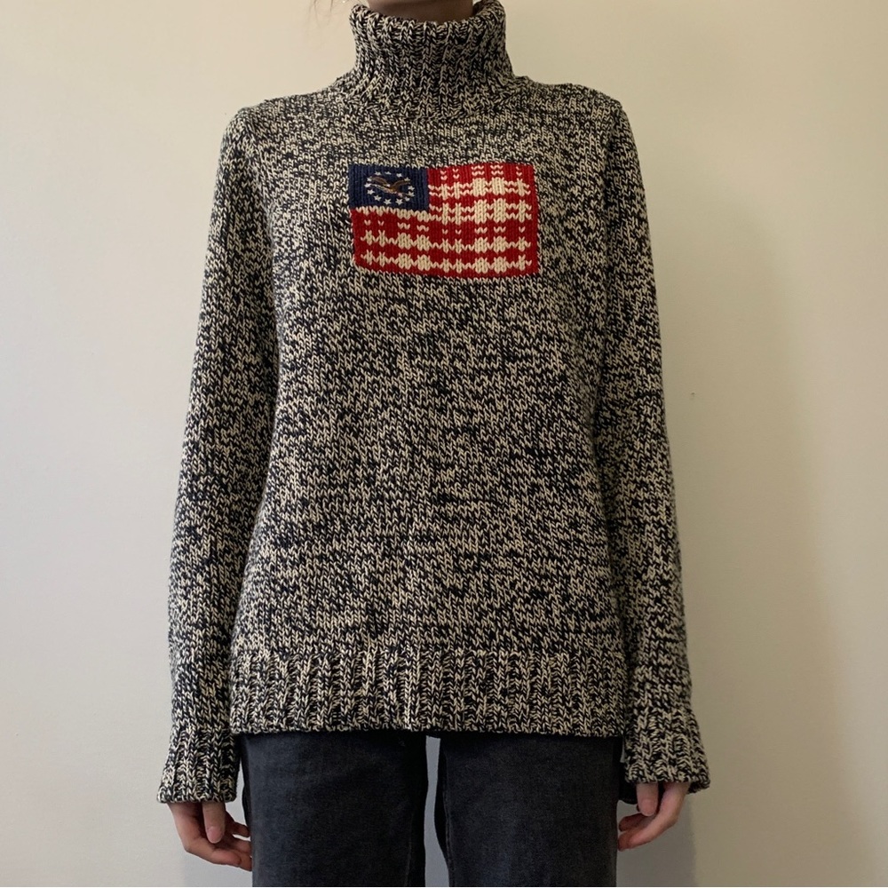 American Living American Flag sweater. Heavy knit. Fold down turtle neck.